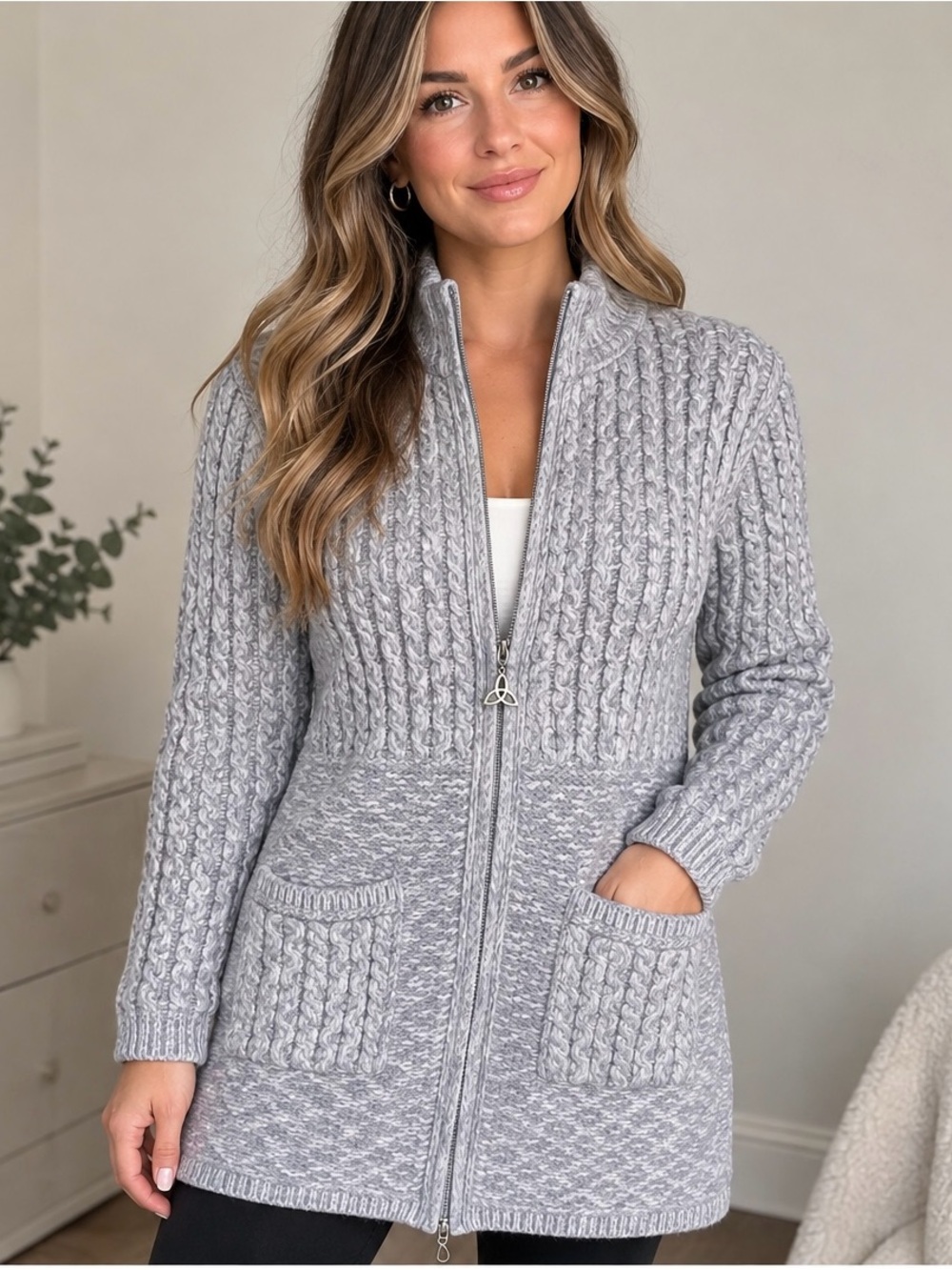 Inis Crafts 100% Merino Wool Irish Full Zip Cable Knit Cardigan Sweater Coat S